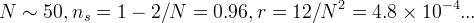 N \sim 50, n_s = 1 - 2/N = 0.96, r = 12/N^2 = 4.8 \times 10^{-4} ...