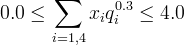 0.0 \le \sum_{i=1,4} x_i q_i^{0.3} \le 4.0